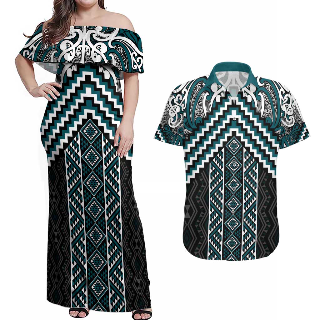Maori Tukutuku Taniko Motifs Couples Matching Off Shoulder Maxi Dress and Hawaiian Shirt Teal Poutama Mix Kowhaiwhai