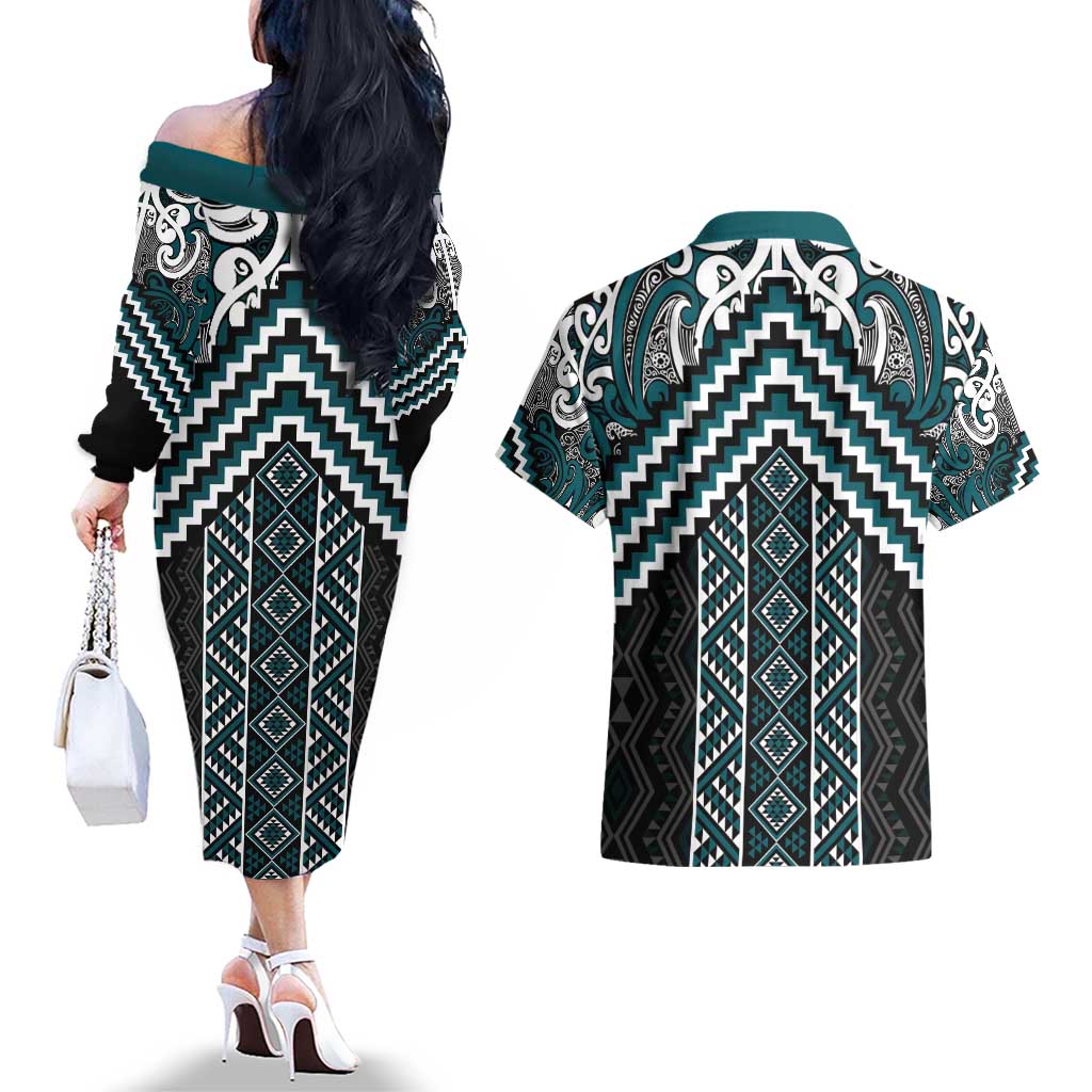 Maori Tukutuku Taniko Motifs Couples Matching Off The Shoulder Long Sleeve Dress and Hawaiian Shirt Teal Poutama Mix Kowhaiwhai