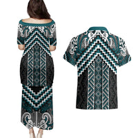 Maori Tukutuku Taniko Motifs Couples Matching Puletasi and Hawaiian Shirt Teal Poutama Mix Kowhaiwhai