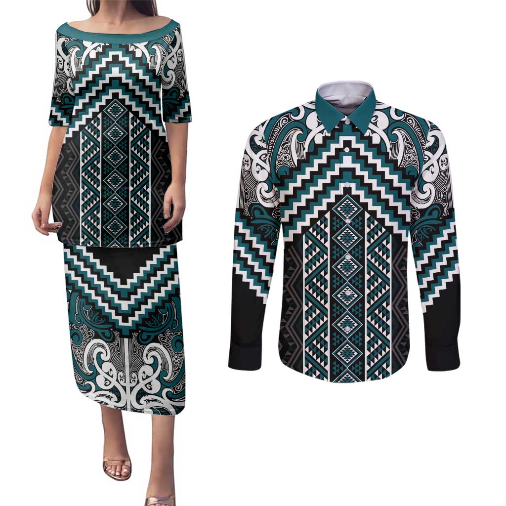 Maori Tukutuku Taniko Motifs Couples Matching Puletasi and Long Sleeve Button Shirt Teal Poutama Mix Kowhaiwhai