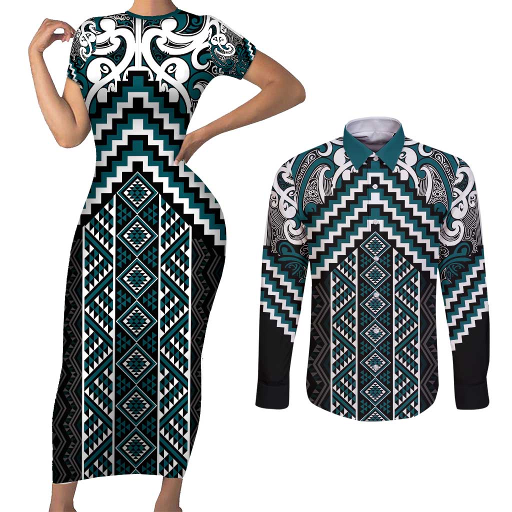 Maori Tukutuku Taniko Motifs Couples Matching Short Sleeve Bodycon Dress and Long Sleeve Button Shirt Teal Poutama Mix Kowhaiwhai