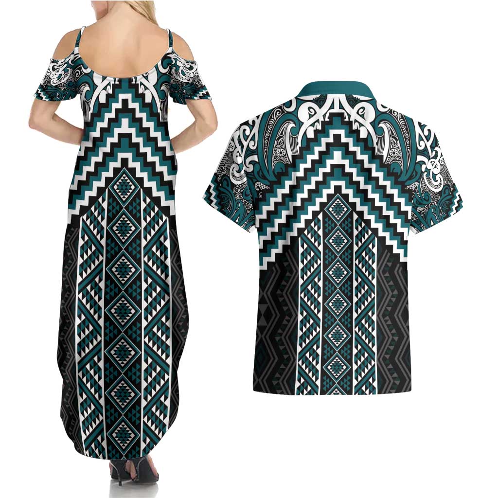 Maori Tukutuku Taniko Motifs Couples Matching Summer Maxi Dress and Hawaiian Shirt Teal Poutama Mix Kowhaiwhai