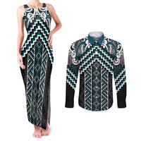 Maori Tukutuku Taniko Motifs Couples Matching Tank Maxi Dress and Long Sleeve Button Shirt Teal Poutama Mix Kowhaiwhai