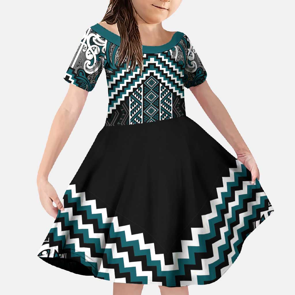 Maori Tukutuku Taniko Motifs Family Matching Long Sleeve Bodycon Dress and Hawaiian Shirt Teal Poutama Mix Kowhaiwhai