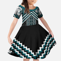 Maori Tukutuku Taniko Motifs Family Matching Long Sleeve Bodycon Dress and Hawaiian Shirt Teal Poutama Mix Kowhaiwhai