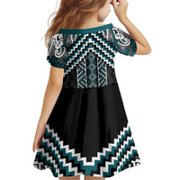 Maori Tukutuku Taniko Motifs Family Matching Long Sleeve Bodycon Dress and Hawaiian Shirt Teal Poutama Mix Kowhaiwhai