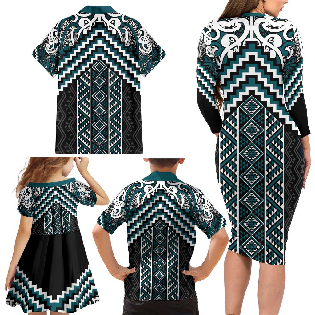 Maori Tukutuku Taniko Motifs Family Matching Long Sleeve Bodycon Dress and Hawaiian Shirt Teal Poutama Mix Kowhaiwhai