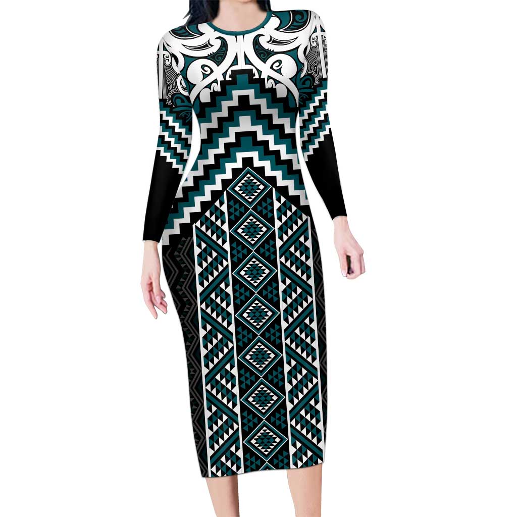 Maori Tukutuku Taniko Motifs Family Matching Long Sleeve Bodycon Dress and Hawaiian Shirt Teal Poutama Mix Kowhaiwhai