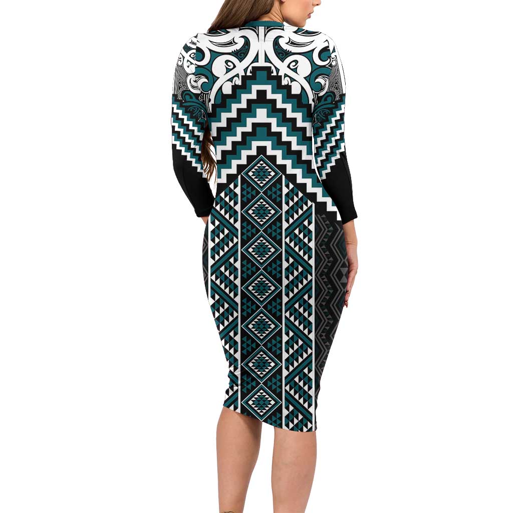 Maori Tukutuku Taniko Motifs Family Matching Long Sleeve Bodycon Dress and Hawaiian Shirt Teal Poutama Mix Kowhaiwhai