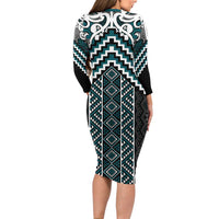 Maori Tukutuku Taniko Motifs Family Matching Long Sleeve Bodycon Dress and Hawaiian Shirt Teal Poutama Mix Kowhaiwhai