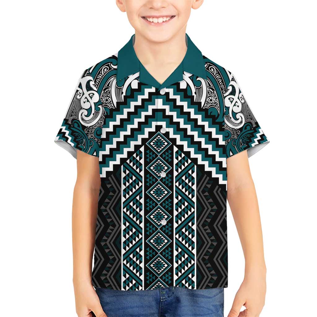 Maori Tukutuku Taniko Motifs Family Matching Long Sleeve Bodycon Dress and Hawaiian Shirt Teal Poutama Mix Kowhaiwhai