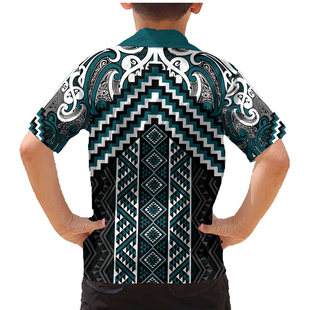 Maori Tukutuku Taniko Motifs Family Matching Mermaid Dress and Hawaiian Shirt Teal Poutama Mix Kowhaiwhai