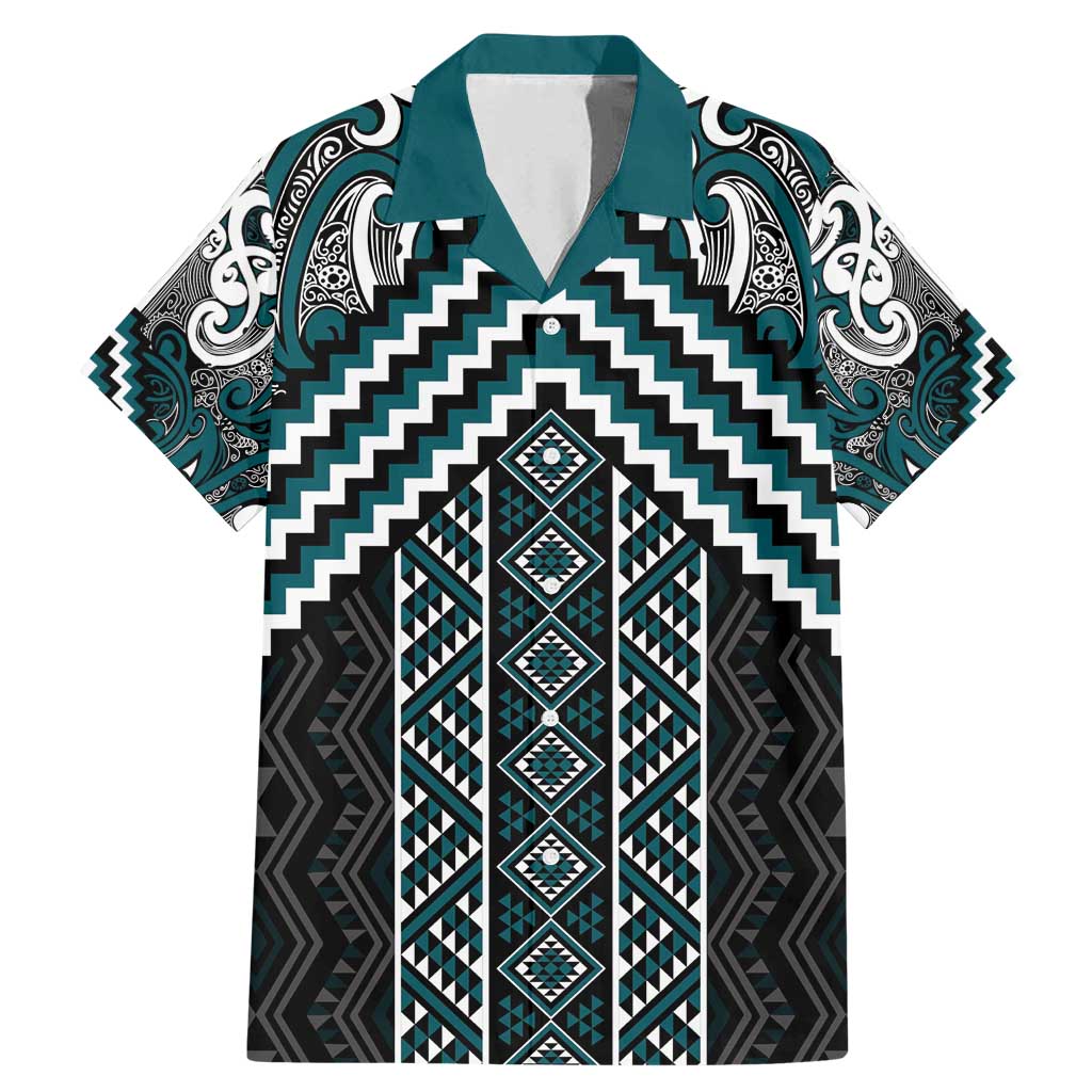 Maori Tukutuku Taniko Motifs Family Matching Mermaid Dress and Hawaiian Shirt Teal Poutama Mix Kowhaiwhai