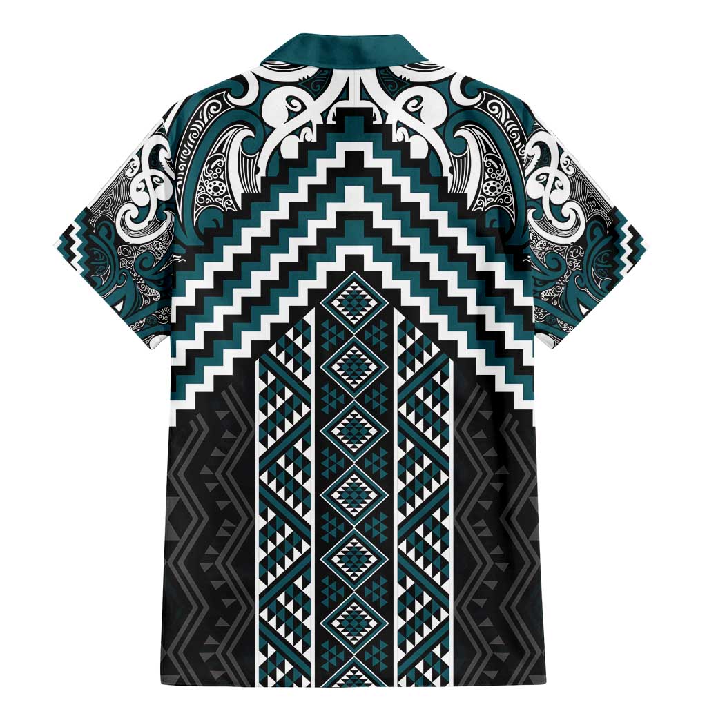 Maori Tukutuku Taniko Motifs Family Matching Mermaid Dress and Hawaiian Shirt Teal Poutama Mix Kowhaiwhai