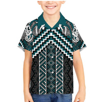 Maori Tukutuku Taniko Motifs Family Matching Mermaid Dress and Hawaiian Shirt Teal Poutama Mix Kowhaiwhai