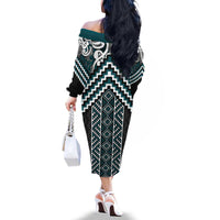 Maori Tukutuku Taniko Motifs Family Matching Off The Shoulder Long Sleeve Dress and Hawaiian Shirt Teal Poutama Mix Kowhaiwhai
