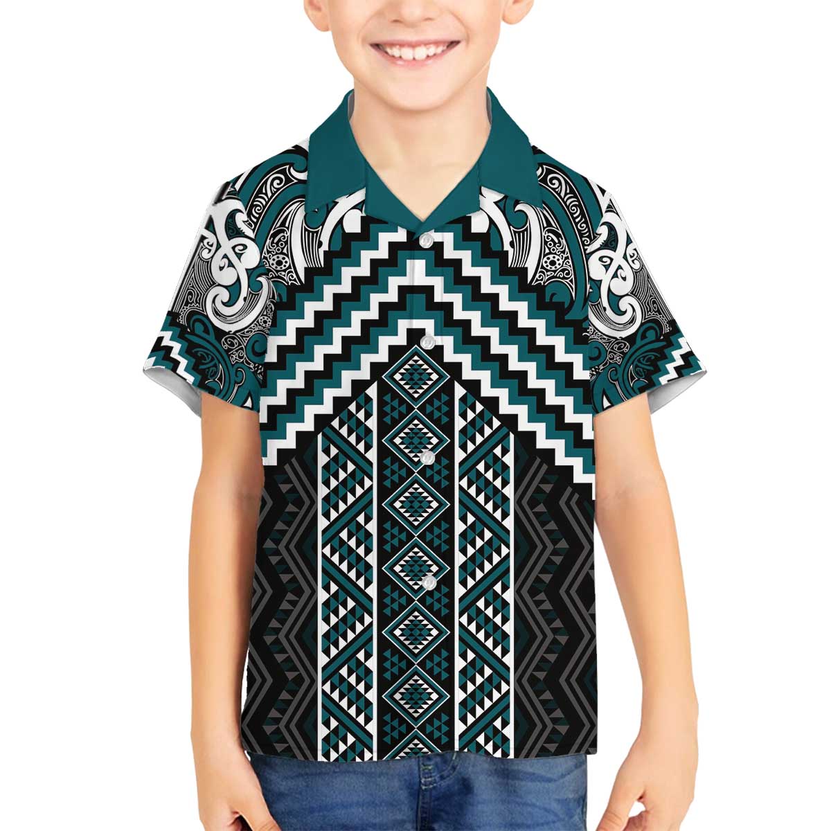 Maori Tukutuku Taniko Motifs Family Matching Off The Shoulder Long Sleeve Dress and Hawaiian Shirt Teal Poutama Mix Kowhaiwhai