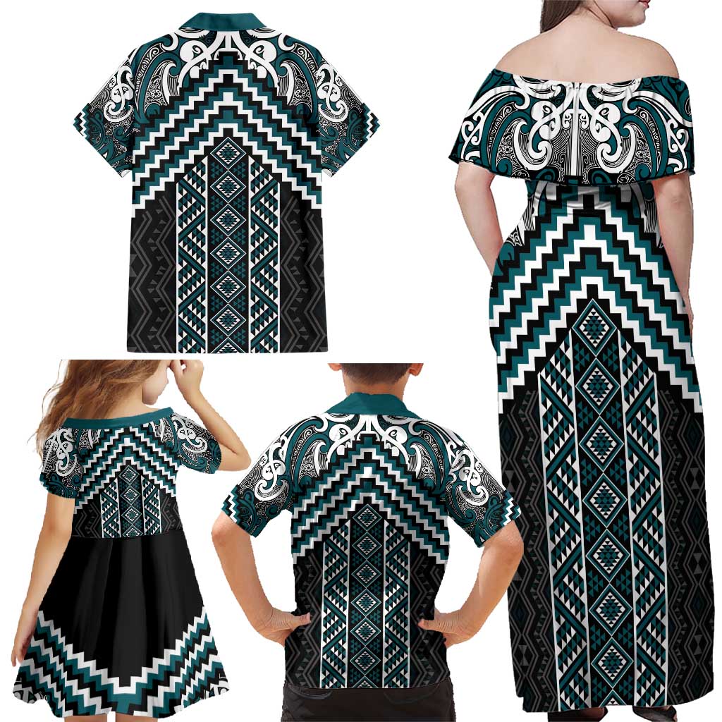 Maori Tukutuku Taniko Motifs Family Matching Off Shoulder Maxi Dress and Hawaiian Shirt Teal Poutama Mix Kowhaiwhai