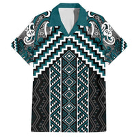 Maori Tukutuku Taniko Motifs Family Matching Off Shoulder Maxi Dress and Hawaiian Shirt Teal Poutama Mix Kowhaiwhai