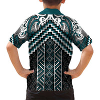 Maori Tukutuku Taniko Motifs Family Matching Off Shoulder Short Dress and Hawaiian Shirt Teal Poutama Mix Kowhaiwhai