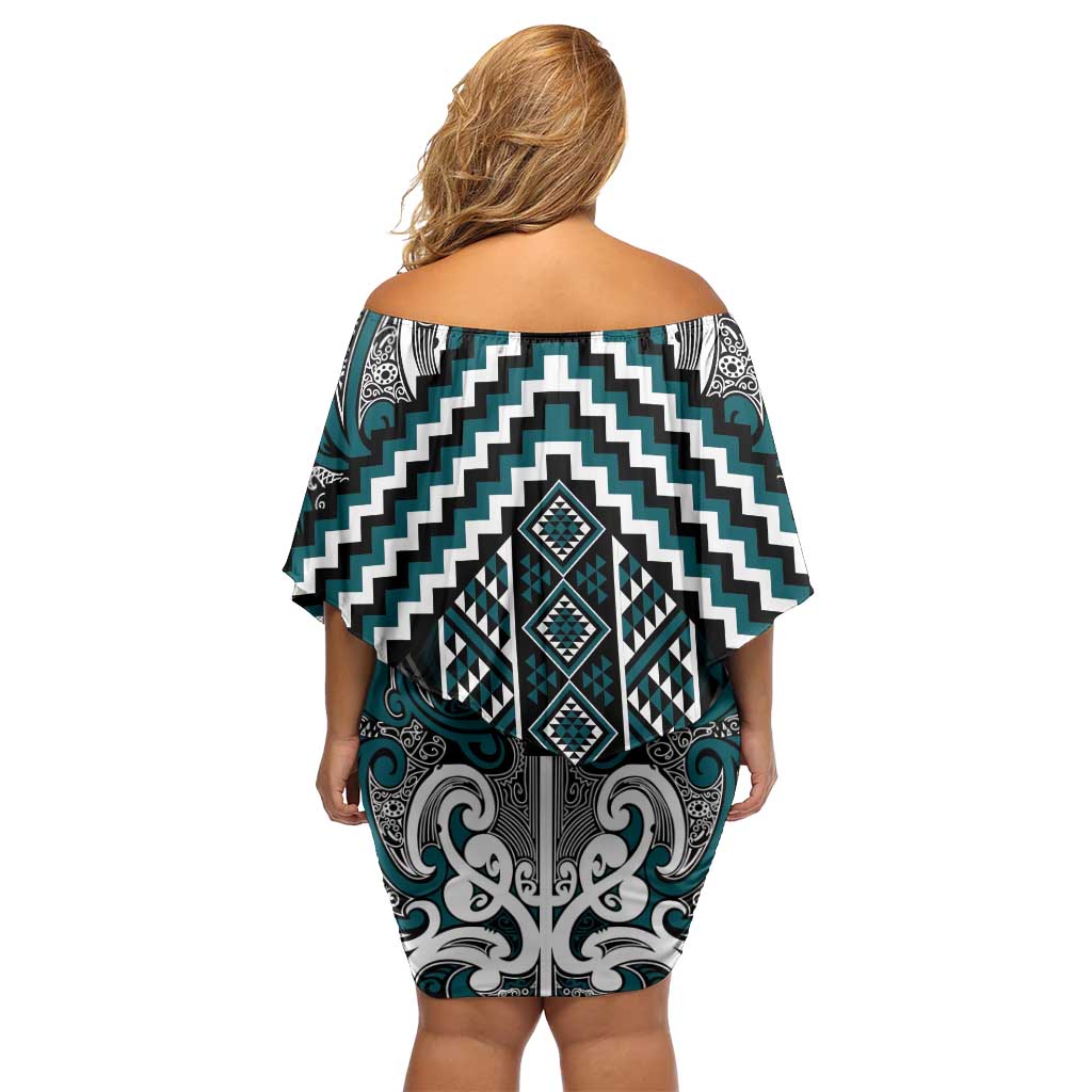 Maori Tukutuku Taniko Motifs Family Matching Off Shoulder Short Dress and Hawaiian Shirt Teal Poutama Mix Kowhaiwhai