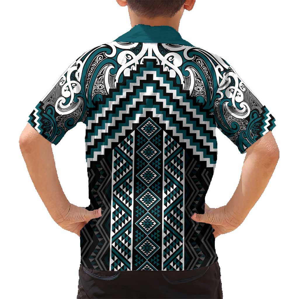 Maori Tukutuku Taniko Motifs Family Matching Puletasi and Hawaiian Shirt Teal Poutama Mix Kowhaiwhai