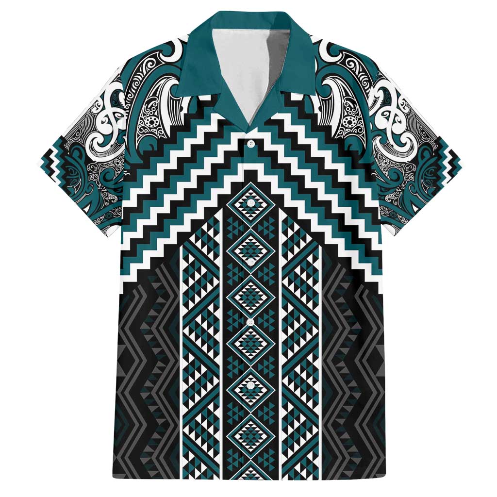 Maori Tukutuku Taniko Motifs Family Matching Tank Maxi Dress and Hawaiian Shirt Teal Poutama Mix Kowhaiwhai LT7 Dad's Shirt - Short Sleeve Teal - Polynesian Pride
