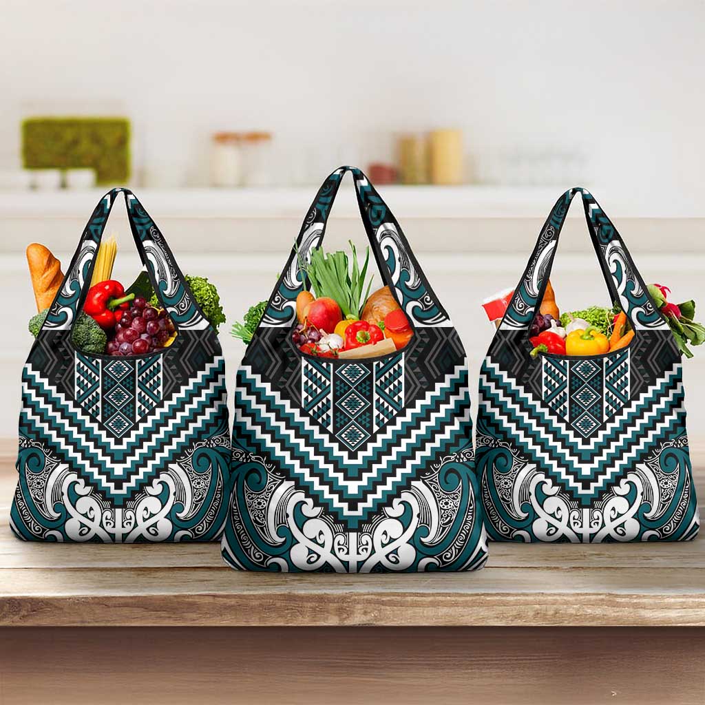 Maori Tukutuku Taniko Motifs Grocery Bag Teal Poutama Mix Kowhaiwhai