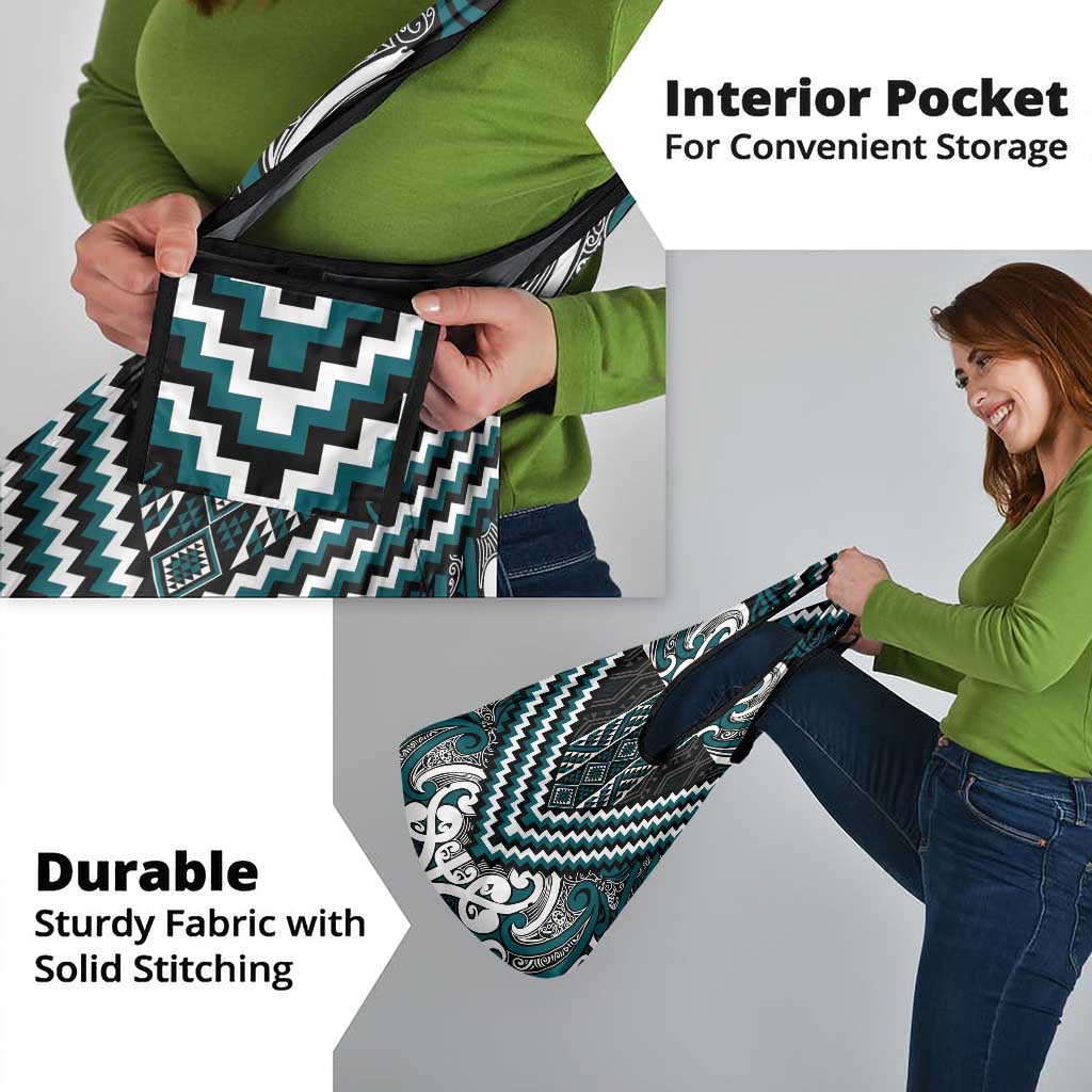 Maori Tukutuku Taniko Motifs Grocery Bag Teal Poutama Mix Kowhaiwhai