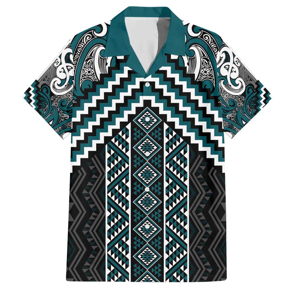 Maori Tukutuku Taniko Motifs Hawaiian Shirt Teal Poutama Mix Kowhaiwhai