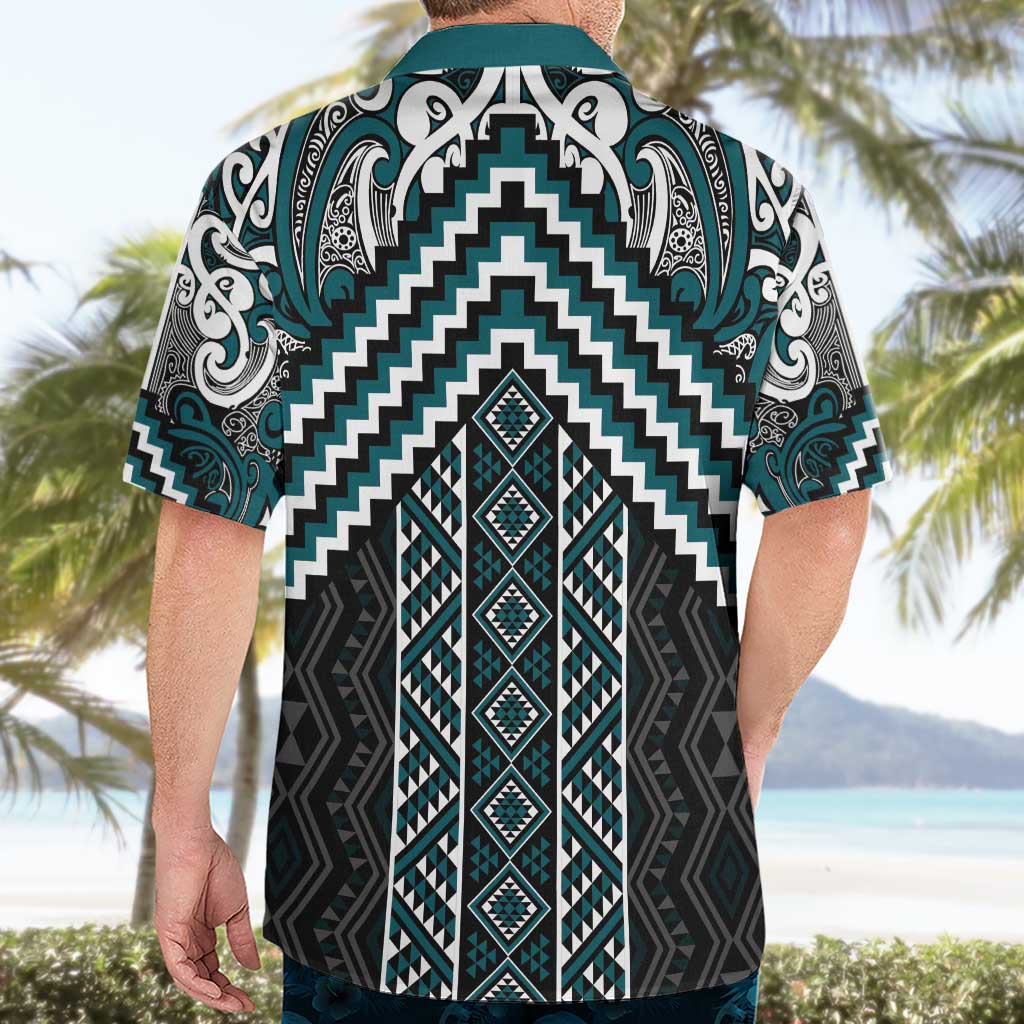 Maori Tukutuku Taniko Motifs Hawaiian Shirt Teal Poutama Mix Kowhaiwhai
