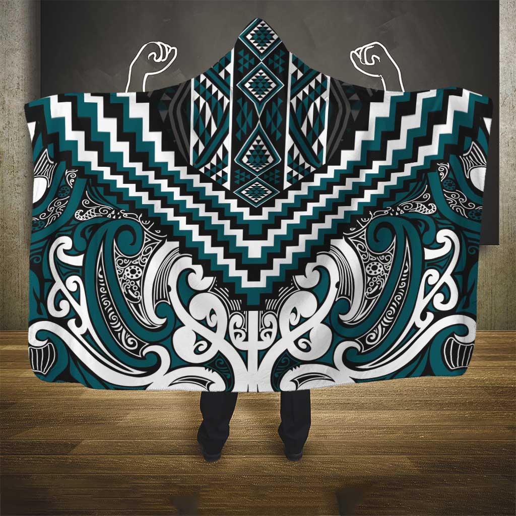 Maori Tukutuku Taniko Motifs Hooded Blanket Teal Poutama Mix Kowhaiwhai