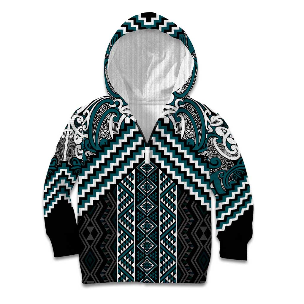 Maori Tukutuku Taniko Motifs Kid Hoodie Teal Poutama Mix Kowhaiwhai