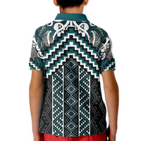 Maori Tukutuku Taniko Motifs Kid Polo Shirt Teal Poutama Mix Kowhaiwhai