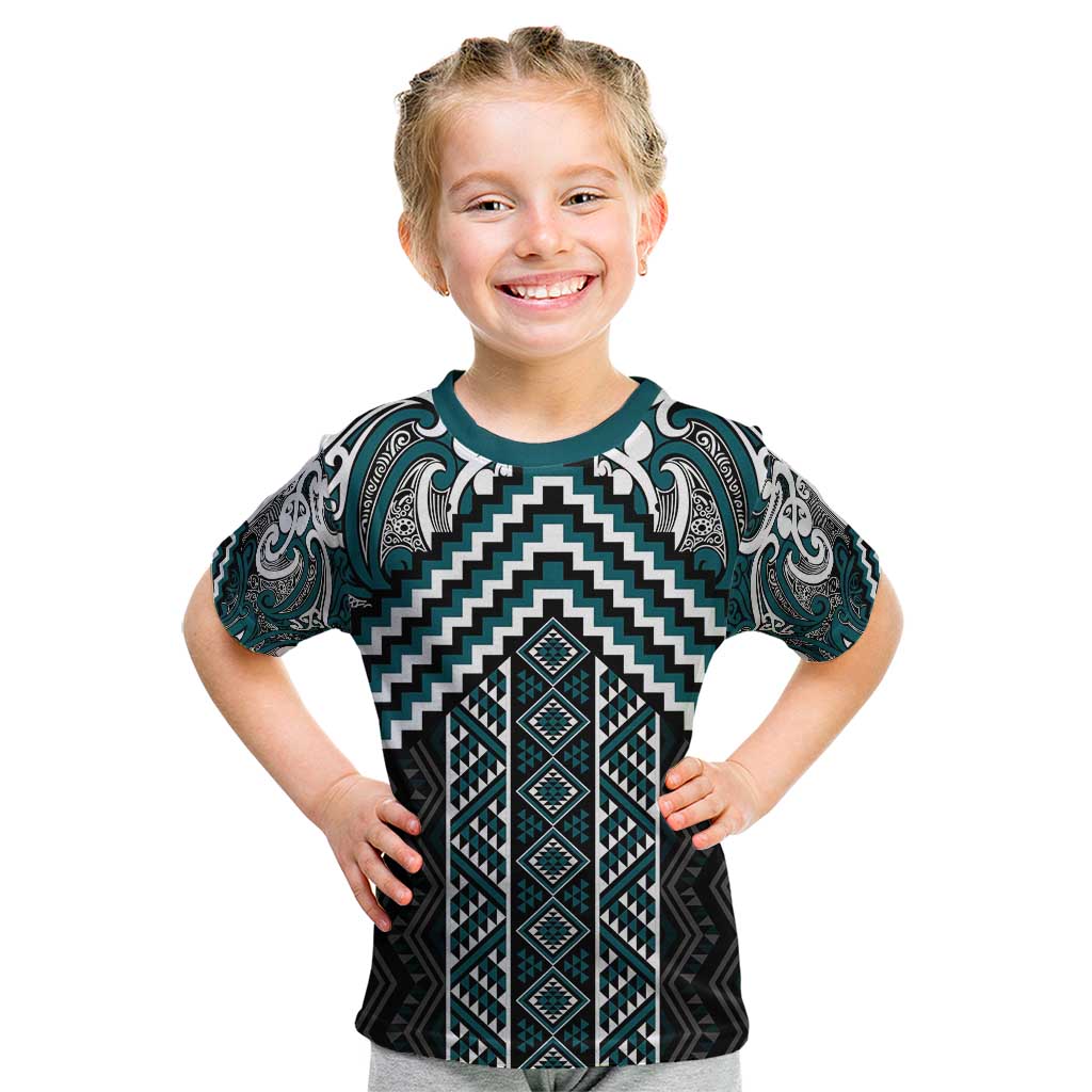 Maori Tukutuku Taniko Motifs Kid T Shirt Teal Poutama Mix Kowhaiwhai