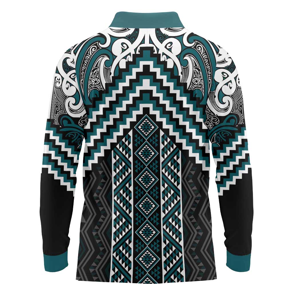 Maori Tukutuku Taniko Motifs Long Sleeve Polo Shirt Teal Poutama Mix Kowhaiwhai