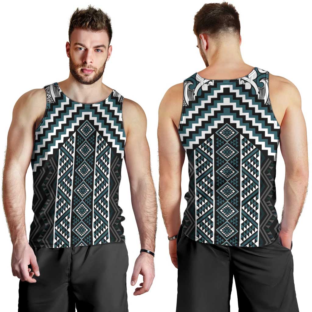 Maori Tukutuku Taniko Motifs Men Tank Top Teal Poutama Mix Kowhaiwhai