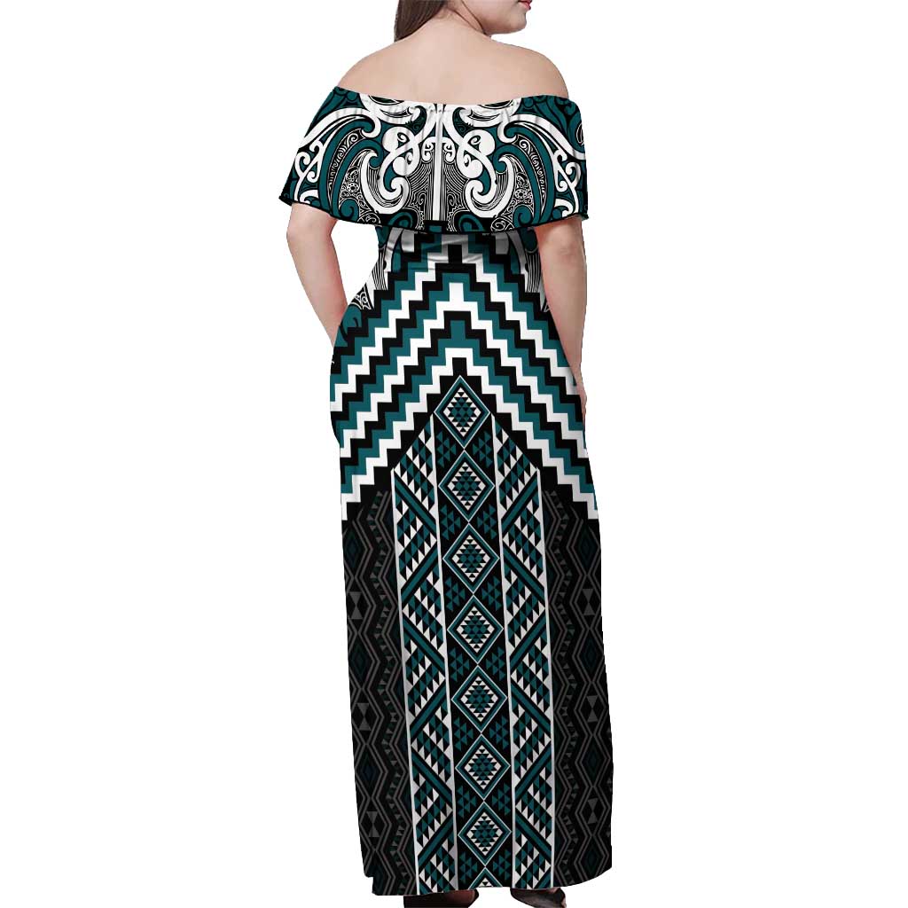 Maori Tukutuku Taniko Motifs Off Shoulder Maxi Dress Teal Poutama Mix Kowhaiwhai