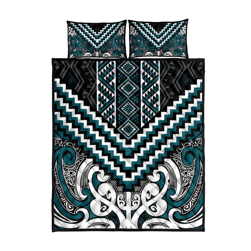 Maori Tukutuku Taniko Motifs Quilt Bed Set Teal Poutama Mix Kowhaiwhai