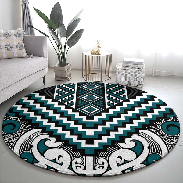 Maori Tukutuku Taniko Motifs Round Carpet Teal Poutama Mix Kowhaiwhai LT7