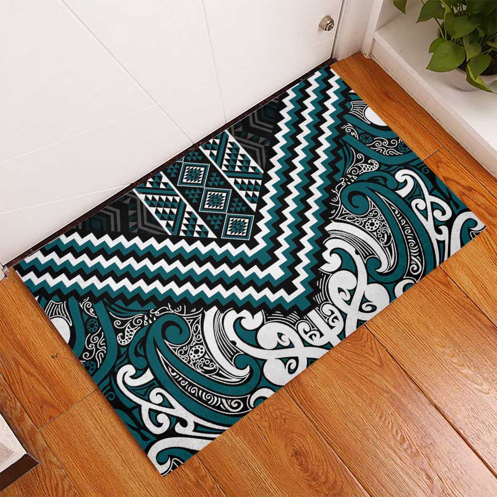 Maori Tukutuku Taniko Motifs Rubber Doormat Teal Poutama Mix Kowhaiwhai