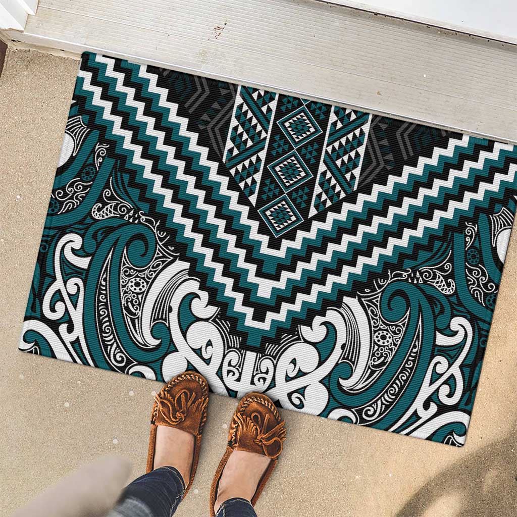 Maori Tukutuku Taniko Motifs Rubber Doormat Teal Poutama Mix Kowhaiwhai