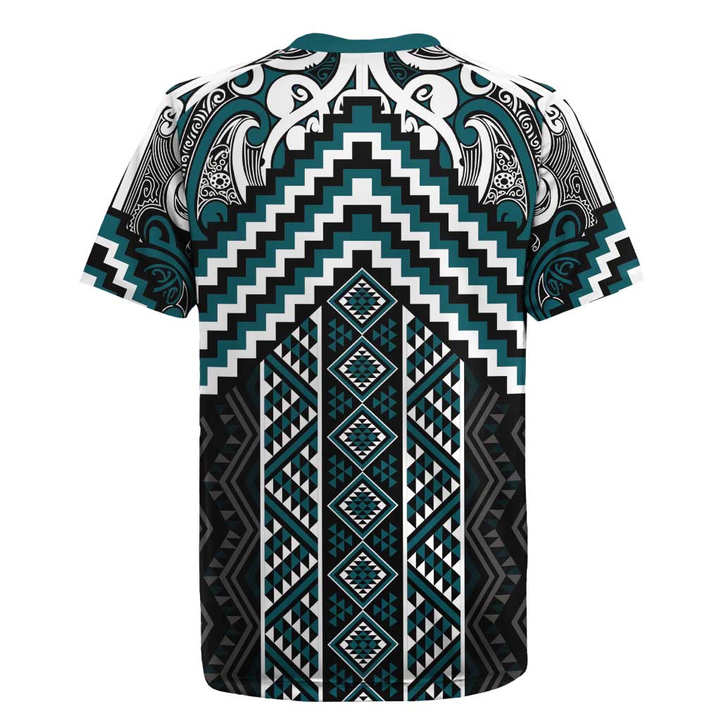 Maori Tukutuku Taniko Motifs Rugby Jersey Teal Poutama Mix Kowhaiwhai