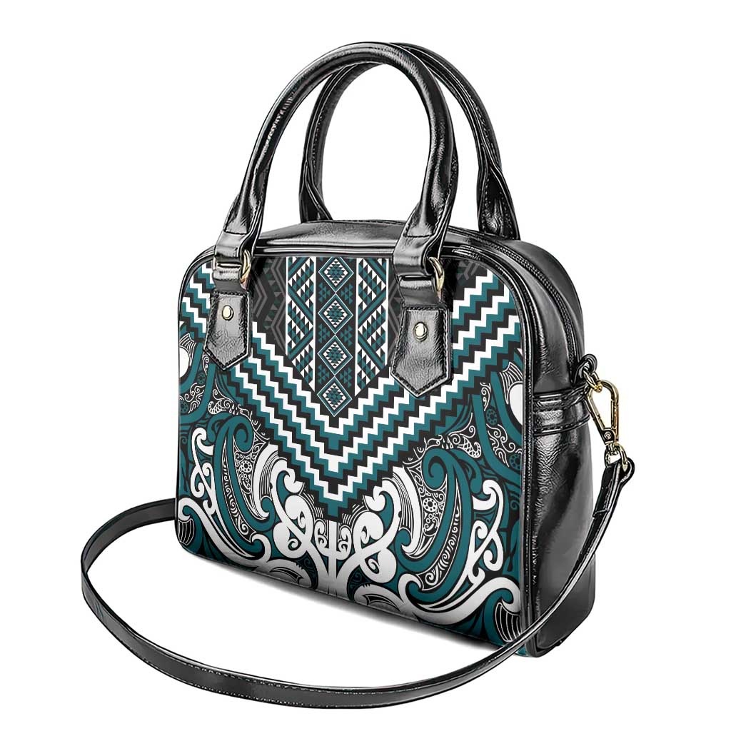 Maori Tukutuku Taniko Motifs Shoulder Handbag Teal Poutama Mix Kowhaiwhai