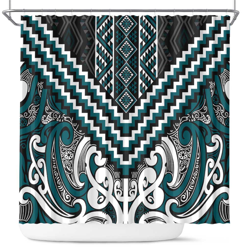Maori Tukutuku Taniko Motifs Shower Curtain Teal Poutama Mix Kowhaiwhai LT7 Teal - Polynesian Pride