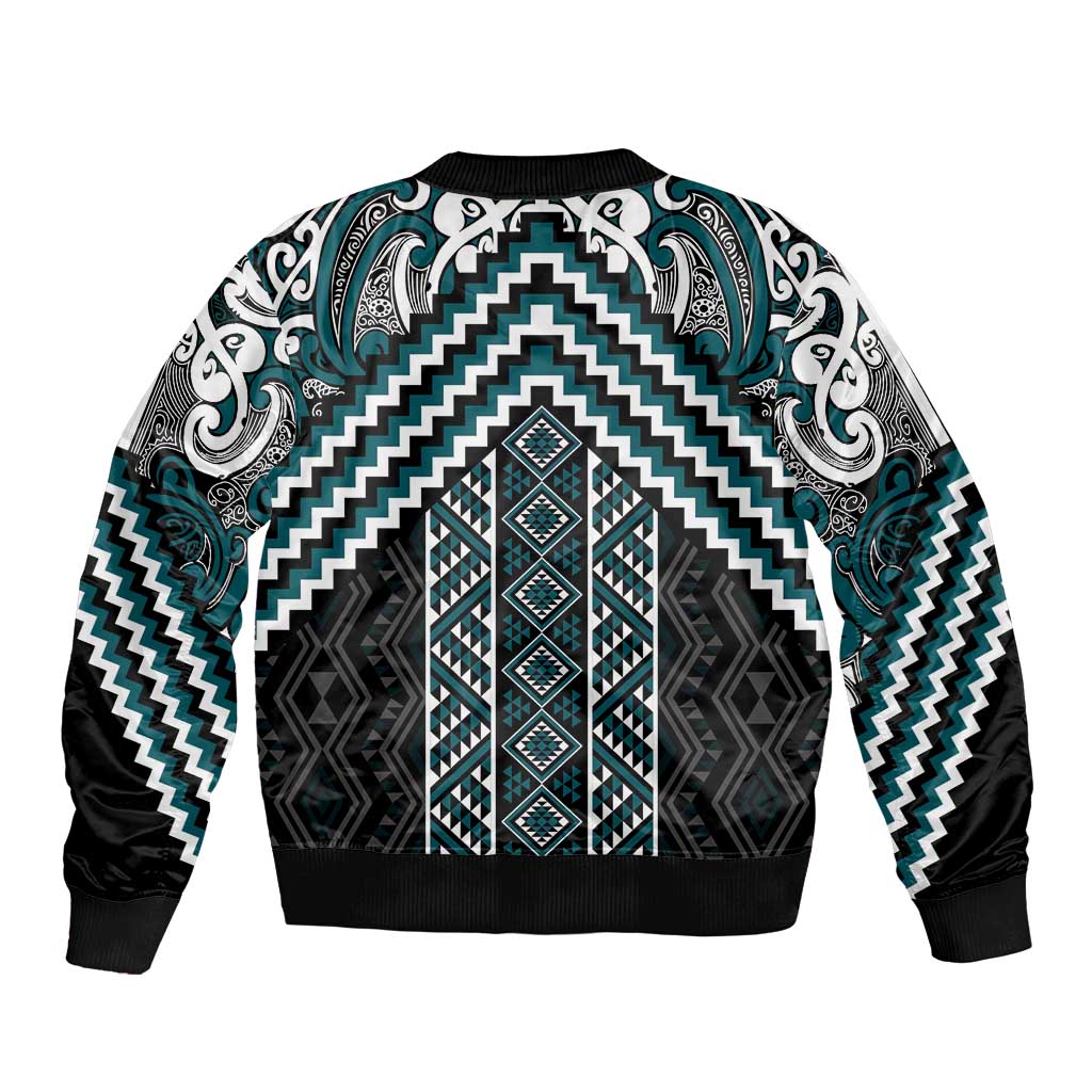 Maori Tukutuku Taniko Motifs Sleeve Zip Bomber Jacket Teal Poutama Mix Kowhaiwhai