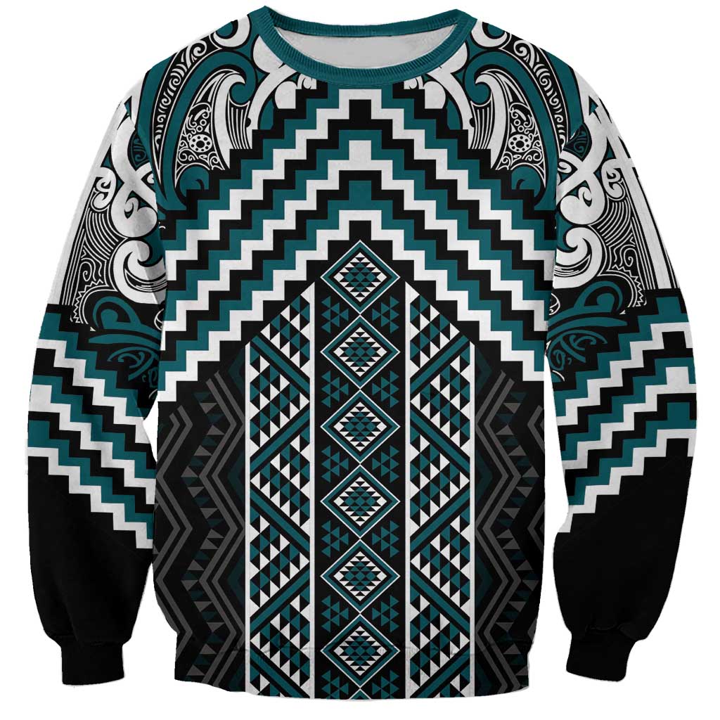 Maori Tukutuku Taniko Motifs Sweatshirt Teal Poutama Mix Kowhaiwhai