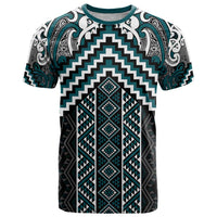 Maori Tukutuku Taniko Motifs T Shirt Teal Poutama Mix Kowhaiwhai