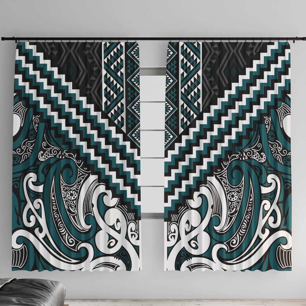 Maori Tukutuku Taniko Motifs Window Curtain Teal Poutama Mix Kowhaiwhai