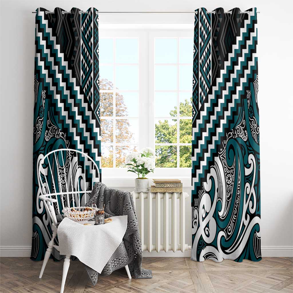 Maori Tukutuku Taniko Motifs Window Curtain Teal Poutama Mix Kowhaiwhai